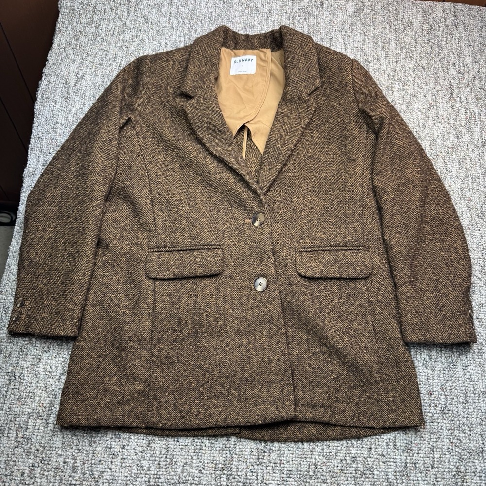 Old Navy Blazer Womens Large Wool Blend Herringbone Relaxed Brown